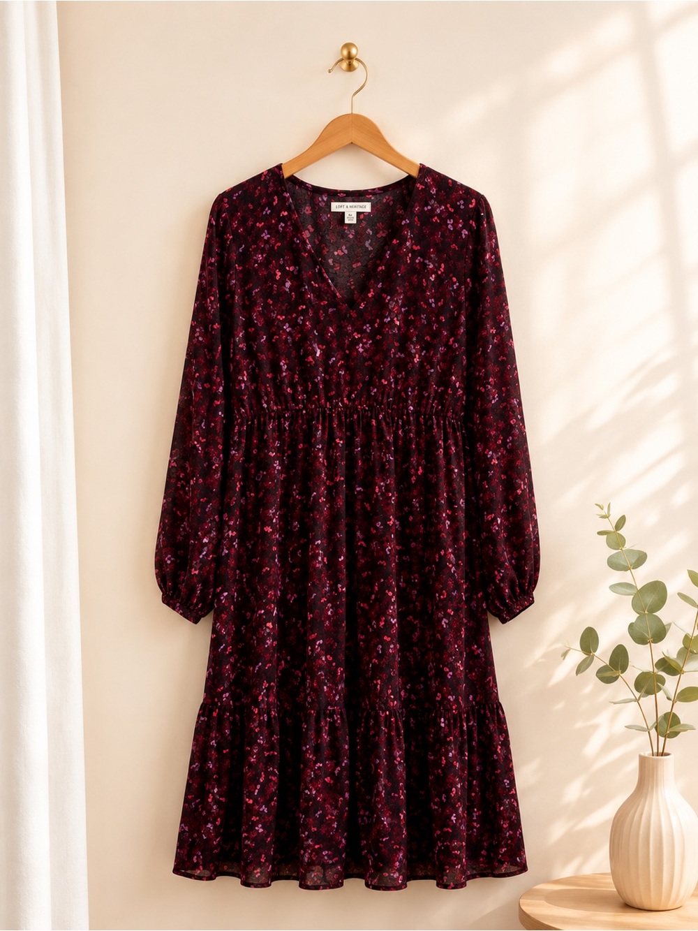 Women's Burgundy Floral V-Neck Long Tiered Midi Dress